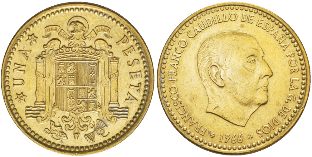 Испания 1 песета 1966 (75) Франциско Франко (1939-1975) КМ 796 алюминиевая бронза 216-415