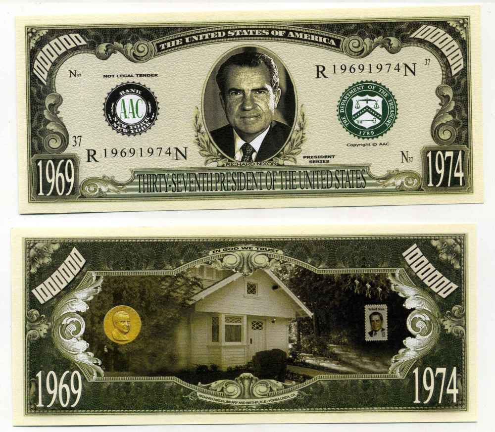 США 1000000 ДОЛЛАРОВ ND СУВЕНИРНАЯ БАНКНОТА, ПРЕЗИДЕНТ РИЧАРД НИКСОН, 37 ПРЕЗИДЕНТ АМЕРИКИ (1969-1974) бумага UNC (ПРЕСС) 8588-70-2-1
