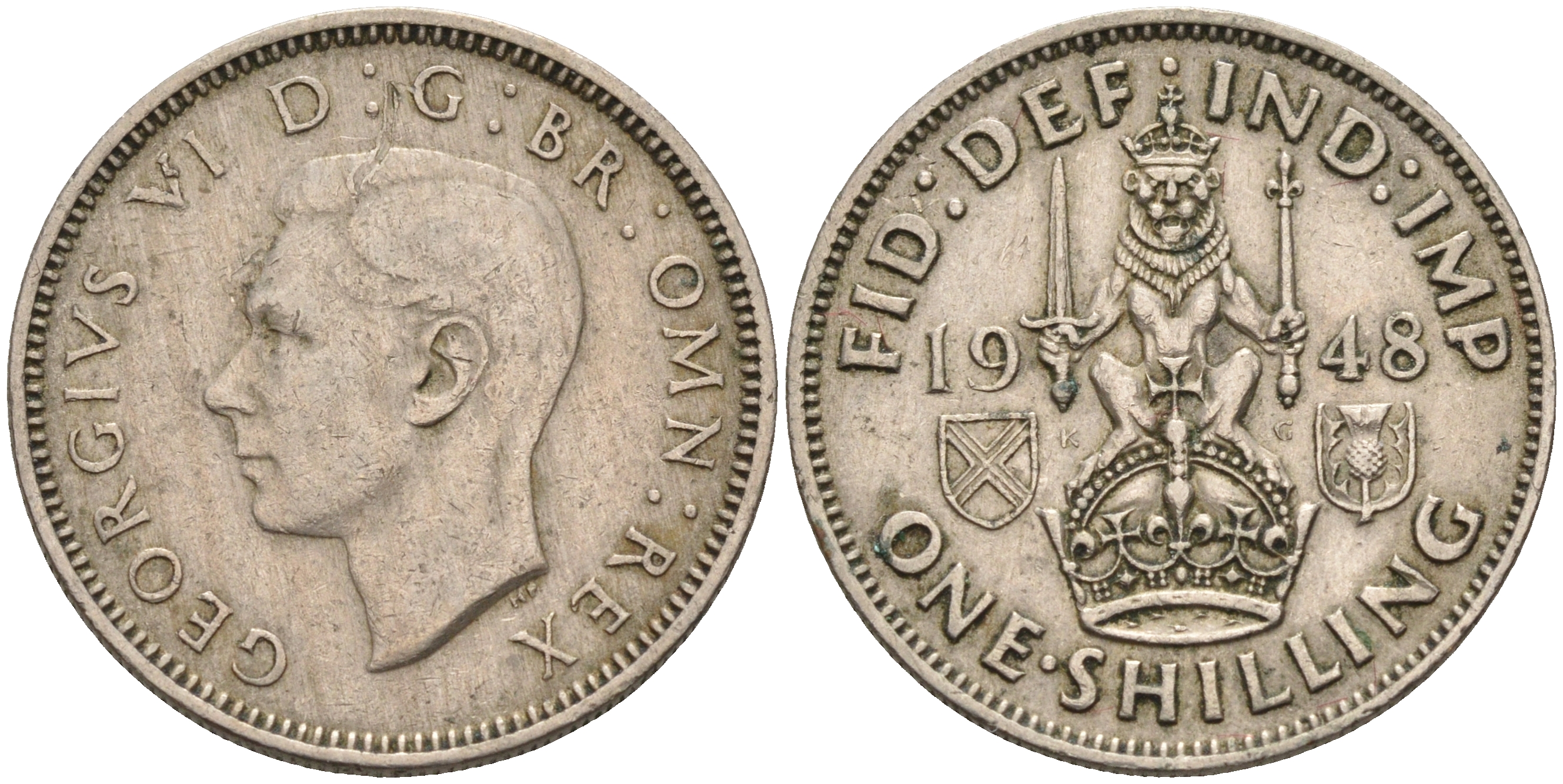 Великобритания 1 шиллинг 1948 Георг VI (1936-1952), Шотландский герб KM 864, Spink 4104 медно-никель  4595-915