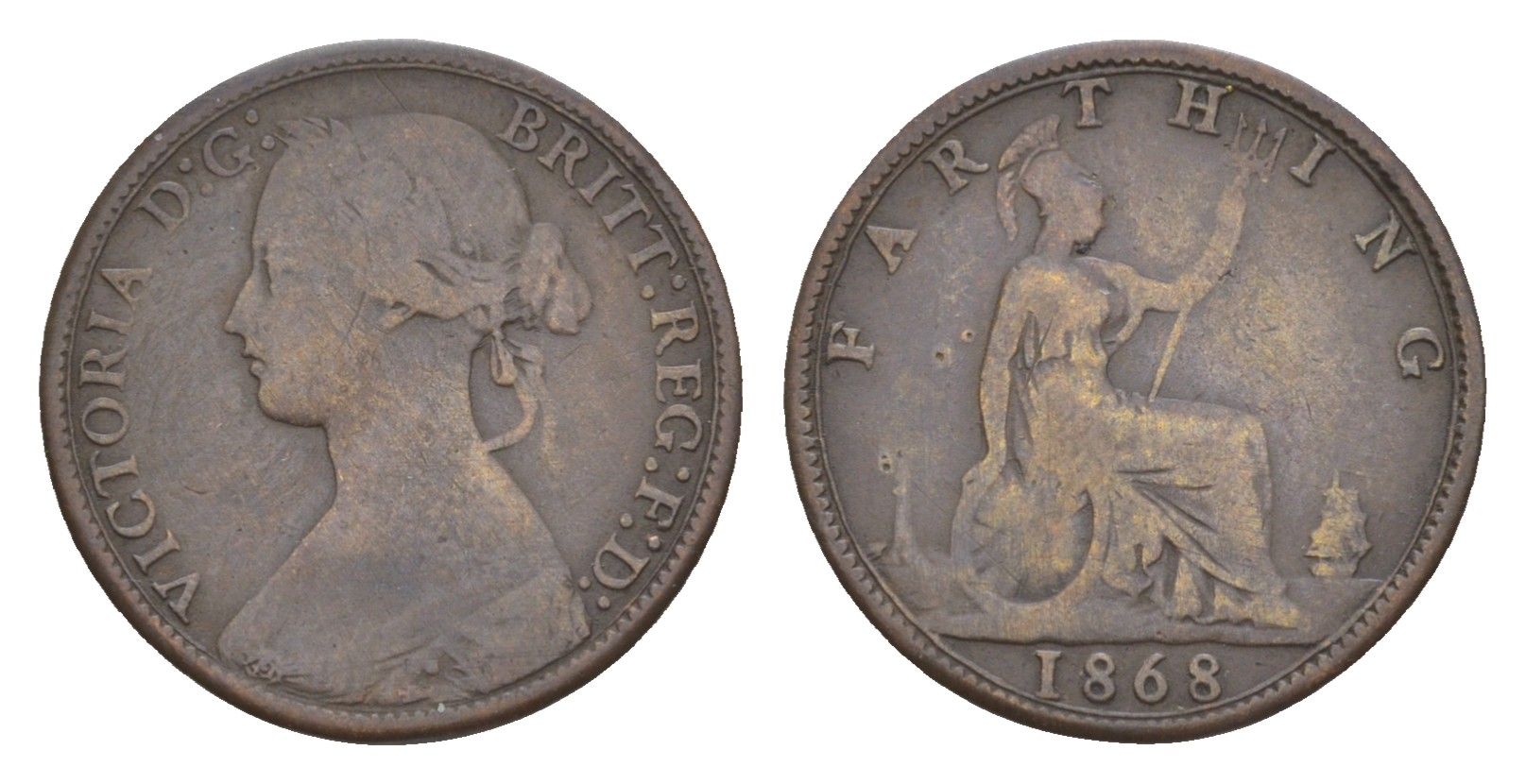 Великобритания 1 фартинг 1868 Виктория (1837-1901) KM 747.2, Spink 3958 бронза 4658-923