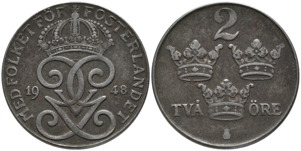 Швеция 2 эре 1948 Густав V (1907-1950) KM 811 железо 63-953