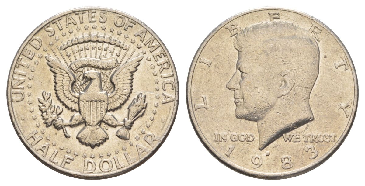 США 1/2 доллара (50 центов) 1983 D, Джон Кеннеди KM A202b медь плакированная медно-никелем aUNC 180-335