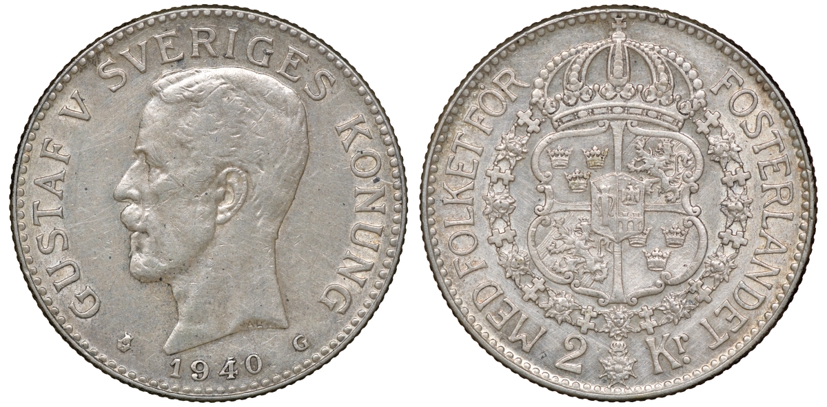 Швеция 2 кроны 1940 G, Густав V (1907-1950) , перерезанная четверка KM 787 серебро 4178-1335