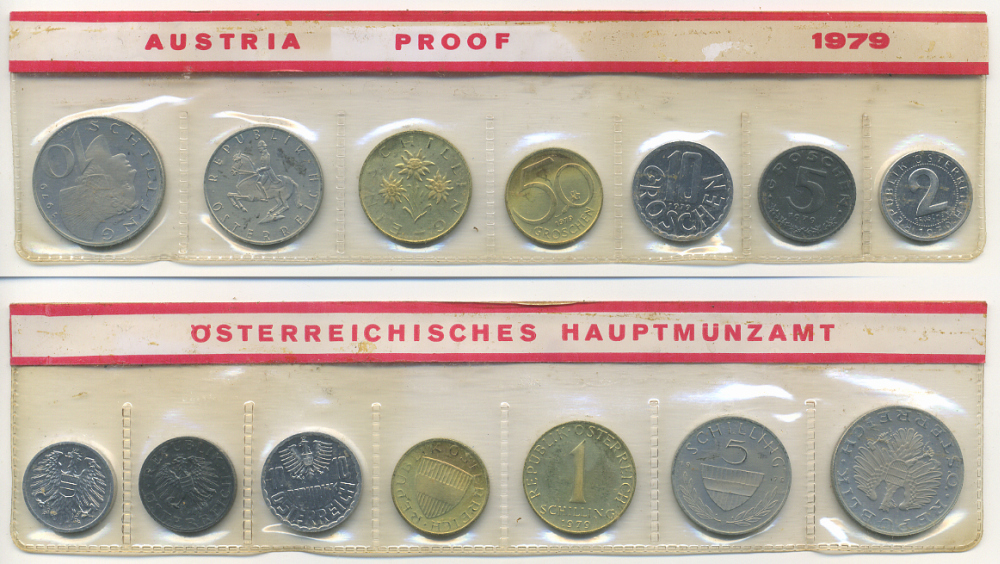 Австрия набор из 7 монет  1979  2, 5, 10, 50 грошей, 1, 5, 10 шиллингов, в целлофане KM PS 39 PROOF 4400-4-2