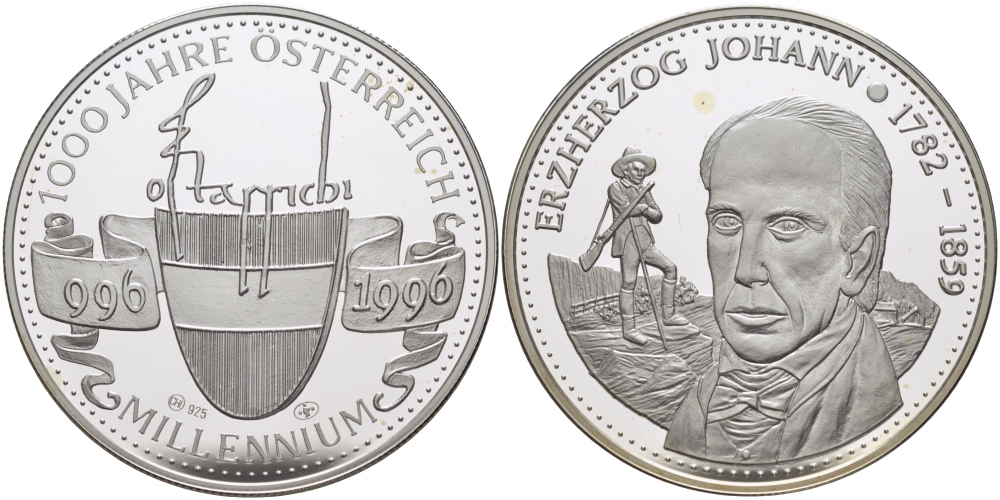 Австрия медаль 1996 МИЛЛЕНИУМ, 1000 ЛЕТ АВСТРИИ (966-1996), ЭРЦГЕРЦОГ ИОГАНН (1782-1859) серебро PROOF 00-00