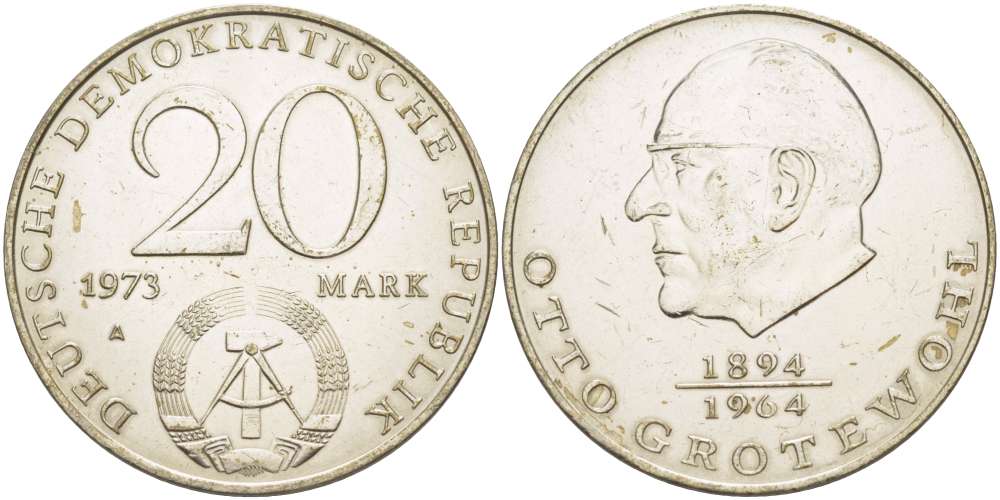 ГДР 20 марок 1973 А, Отто Гротеволь (1894-1964) KM 47 медно-никель 4521-534