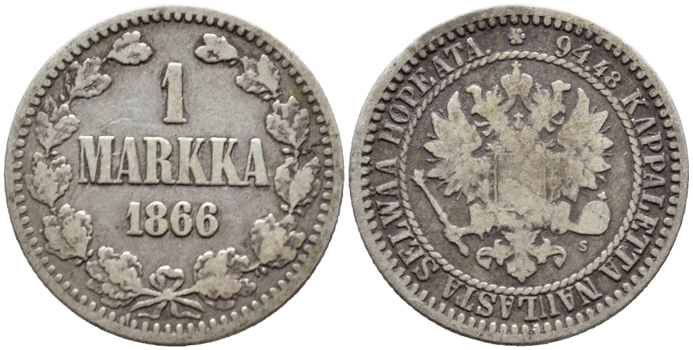 Россия для Финляндии 1 марка 1866 S, Александр II (1855-1881) KM 3.1, Биткин 626 серебро    633-222