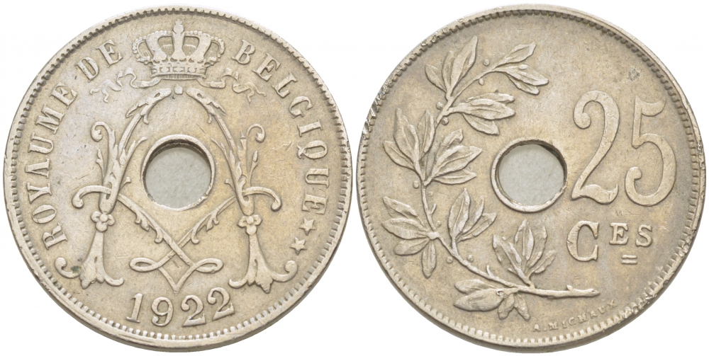 БЕЛЬГИЯ 25 САНТИМОВ 1922 BELGIQUE KM 68.1 медно-никель 87-1532