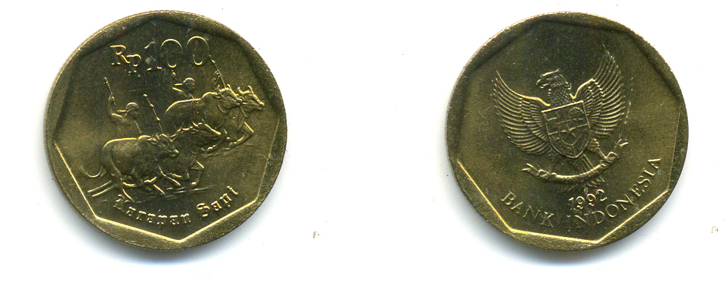 Индонезия 100 рупий 1992 гонки на быках KM 53 алюминиевая бронза UNC 76-932