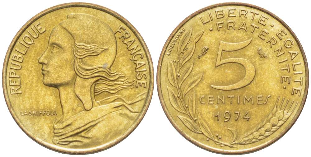 ФРАНЦИЯ 5 САНТИМОВ 1974 ТИП MARIANE KM 933, LE FRANC 125.10 алюминиевая бронза 4516-817