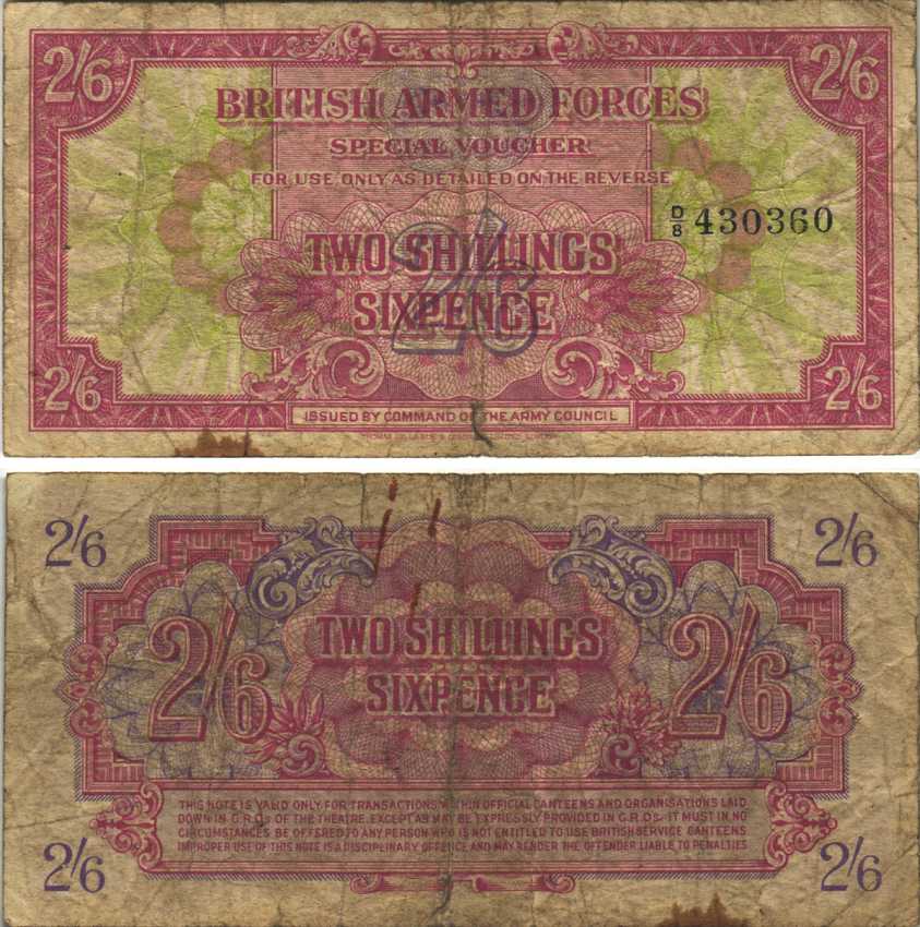 АНГЛИЯ 2 ШИЛЛИНГА 6 ПЕНСОВ 1946 ПЕРВАЯ СЕРИЯ, ДЛЯ ВООРУЖЕННЫХ СИЛ, СПЕЦИАЛЬНЫЙ ВАУЧЕР Pick M12a бумага F+ 7551-36-3-1