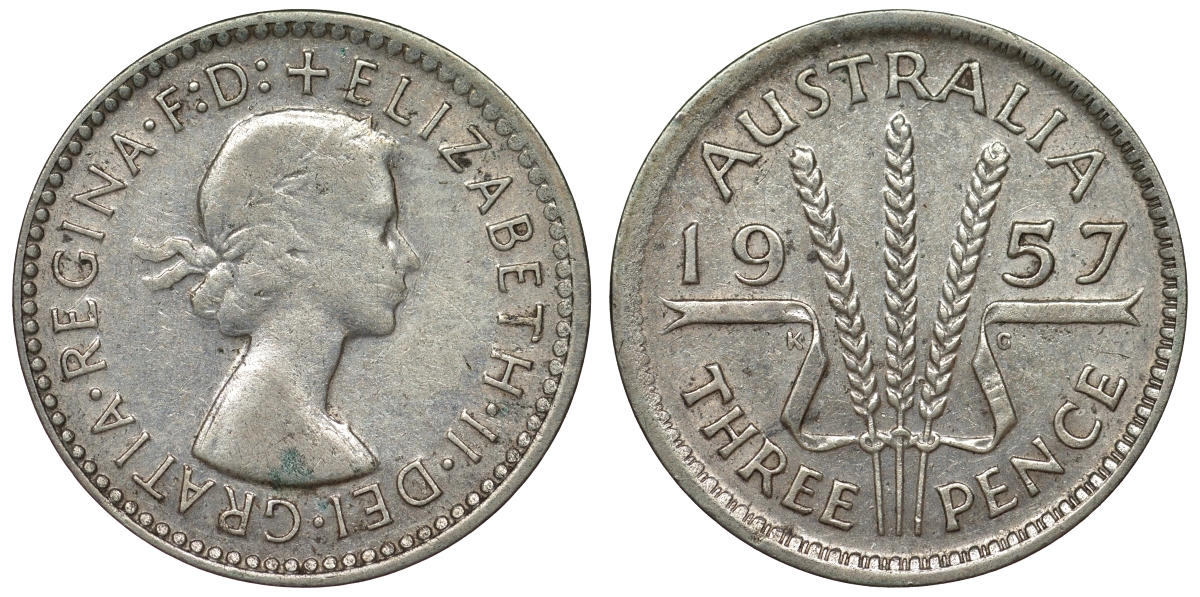 Австралия 3 пенса 1957 m, Елизавета II (1952-2022) KM 57 серебро 71-469
