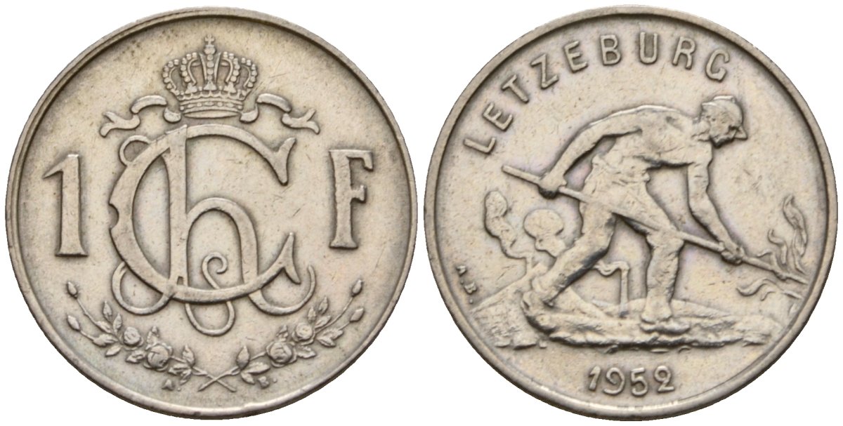 Люксембург 1 франк 1952 Шарлотта (1918-1964), сталевар KM 46.2 медно-никель 4603-1116