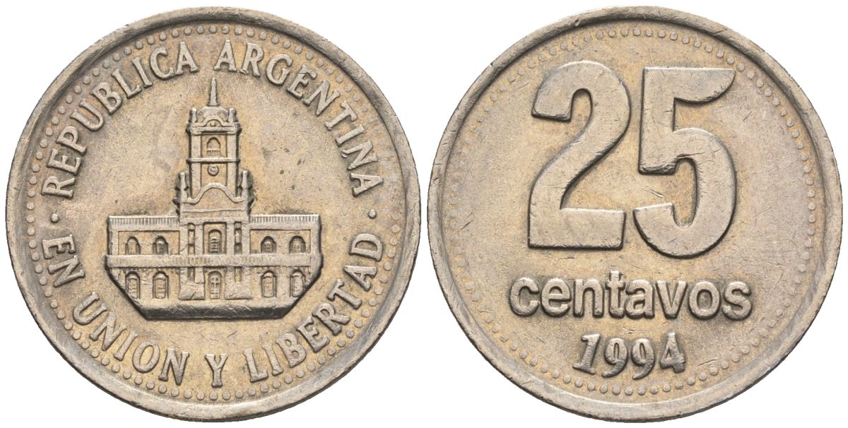 Аргентина 25 сентаво 1994 ратуша Буэнос-Айреса KM 110a, CJ 4.3.3, Schon 111a медно-никель    60-423