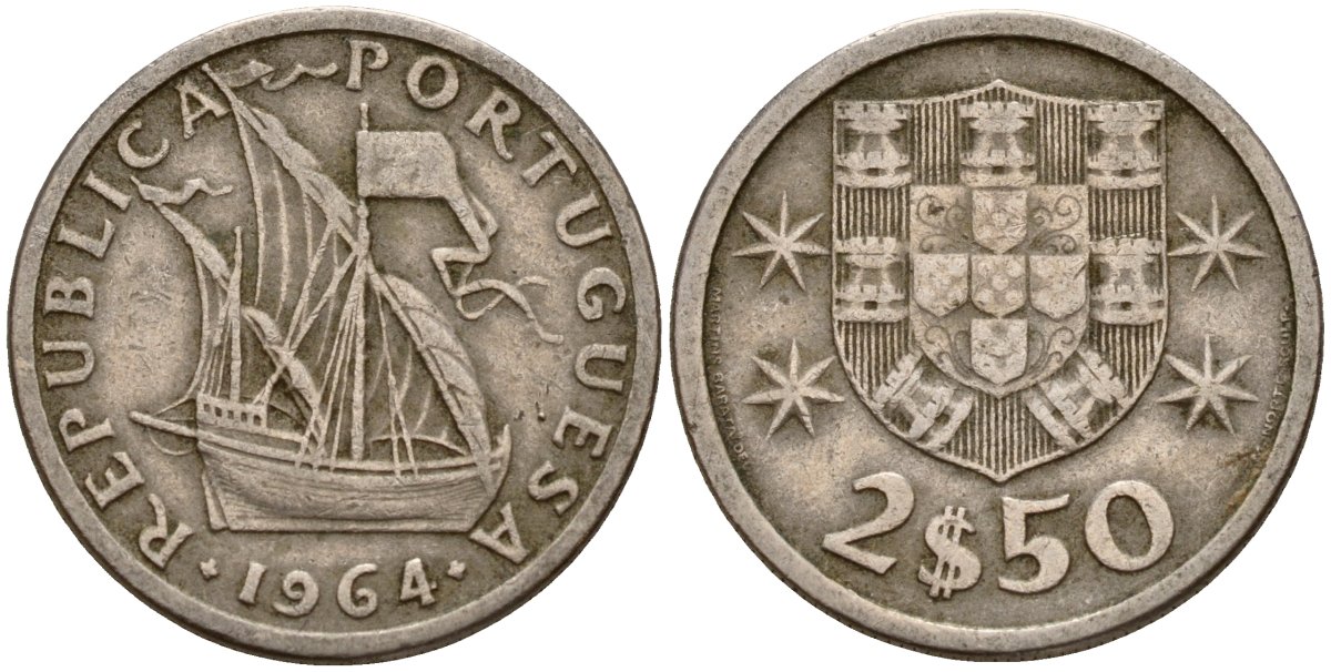Португалия 2,5 эскудо 1964 парусник KM 590 медно-никель 212-844