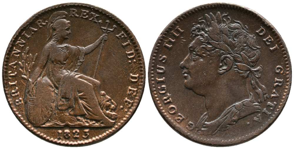 Великобритания 1 фартинг 1823 Георг IV (1820-1830) KM 677, Spink 3822 медь 1518-742