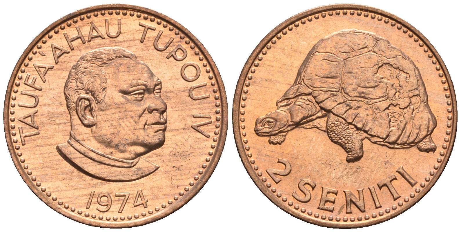 Тонга 2 сенити 1974 король Тауфа’ахау Тупоу IV (1967-2006), черепаха KM 28 бронза  UNC  220-1165