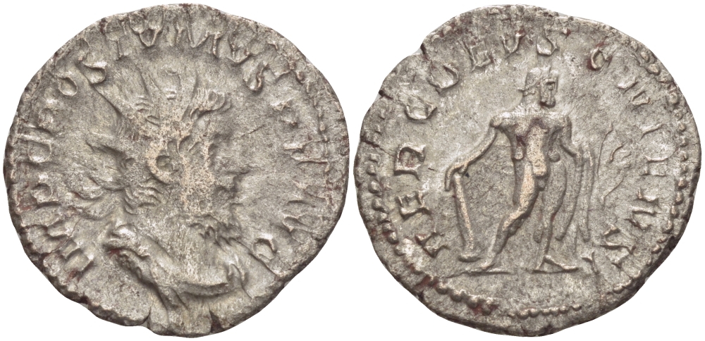Римская Империя (императоры в Галлии) антониниан 260 - 269 Постум. IMP C POSTVMVS P F AVG / HERC DEVSONIENSI, Геркулес с палицей, луком и львиной шкурой, Колония Агриппины, Good Very fine RIC 64 биллон 1073-12-25