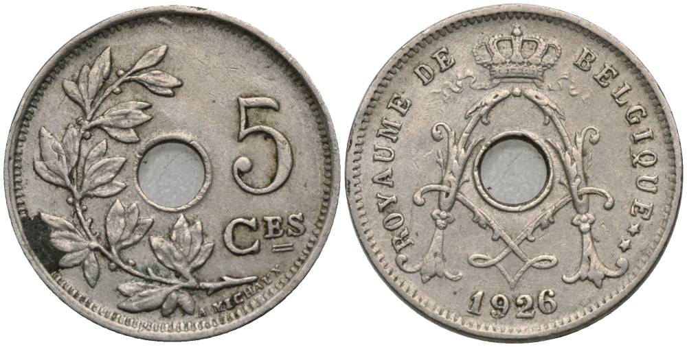БЕЛЬГИЯ 5 САНТИМОВ 1926 BELGIQUE, АЛЬБЕРТ I (1909-1934) KM 66 медно-никель 4548-1251