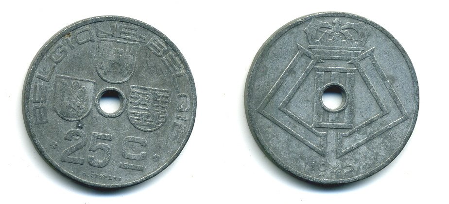 БЕЛЬГИЯ 25 САНТИМОВ 1942 BELGIQUE-BELGIE, ГЕРМАНСКАЯ ОККУПАЦИЯ, ВТОРАЯ МИРОВАЯ ВОЙНА KM 131 цинк 57-242