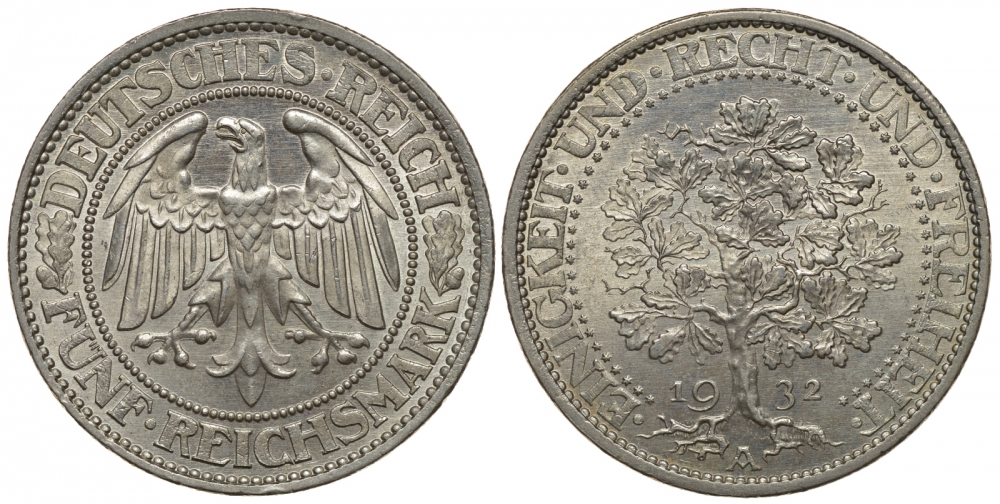 Германия 5 марок 1932 A, Дуб. Единство, справедливость, свобода, цена по каталогу МТ 400 евро J. 331, KM 56 серебро UNC 00-804-11
