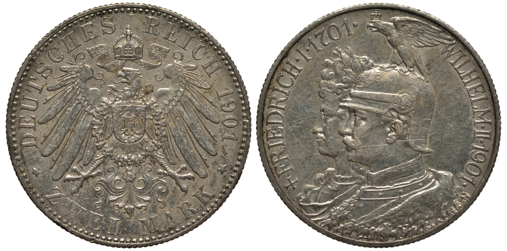 Пруссия 2 марки 1901 A, 200 лет Прусской королевской династии (Фридрих I - Вильгельм II) J.105, Weege 105, KM 525 серебро 3711-1034