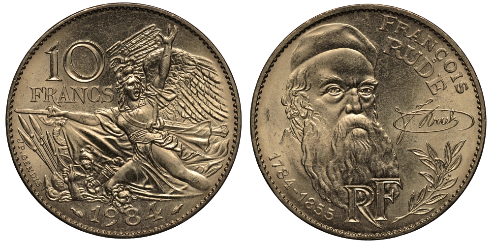 ФРАНЦИЯ 10 ФРАНКОВ 1984 ФРАНЦУА РУДЕ KM 954 никель латунь UNC 1524-1124
