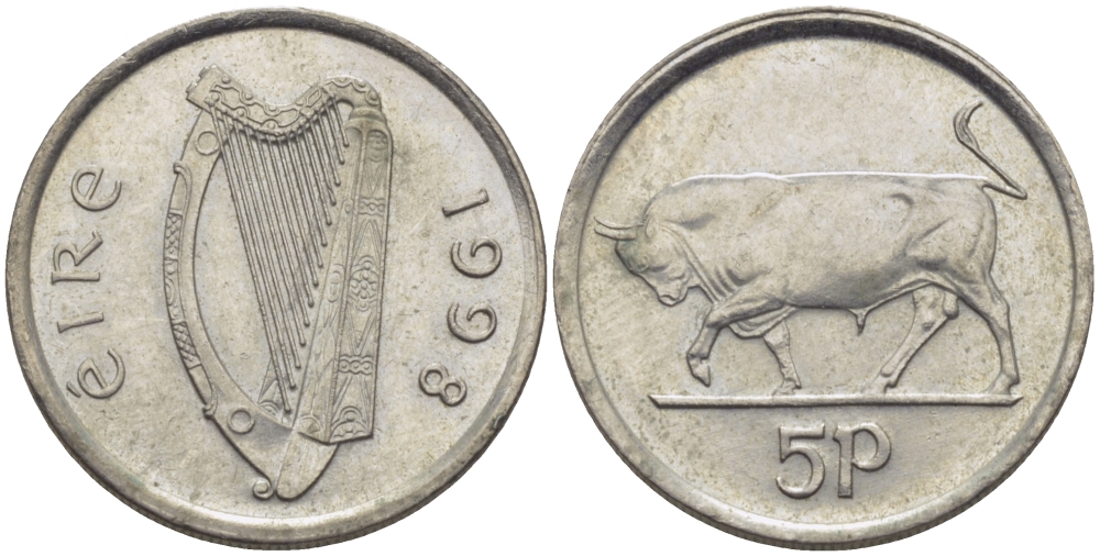 ИРЛАНДИЯ 5 ПЕНСОВ 1998 БЫК KM 28 медно-никель 179-1023