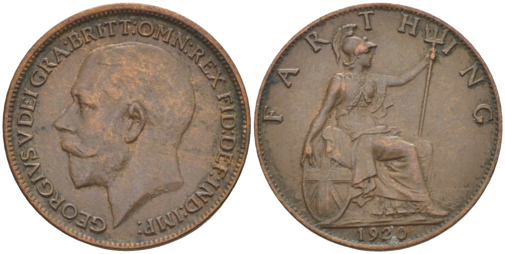 Великобритания 1 фартинг 1920 Георг V (1910-1936) KM 808.2, Spink 4060 бронза 4543-1016
