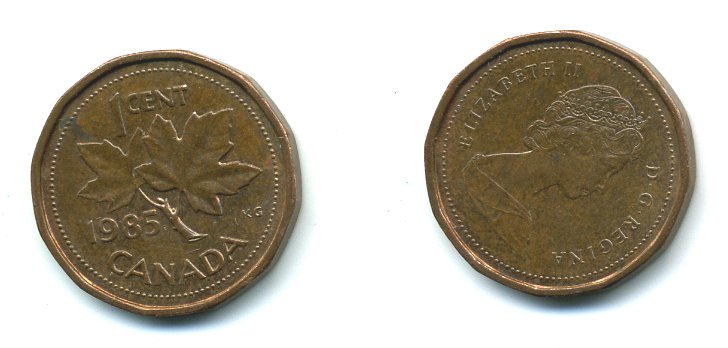 Канада 1 цент 1985 Елизавета II (1952-2022), кленовый лист KM 132 бронза 4364-717