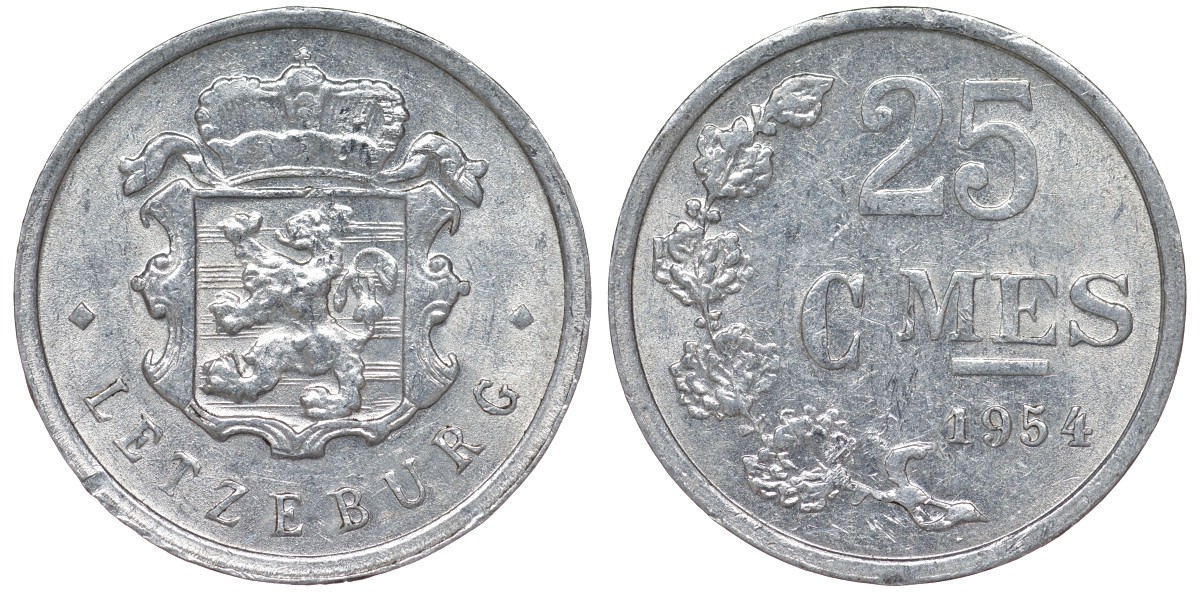 Люксембург 25 сантимов 1954 KM 45a.1 алюминий 4164-348