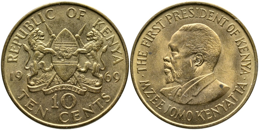 Кения 10 центов 1969 Джомо Кениата KM 11 никель латунь 4526-1114