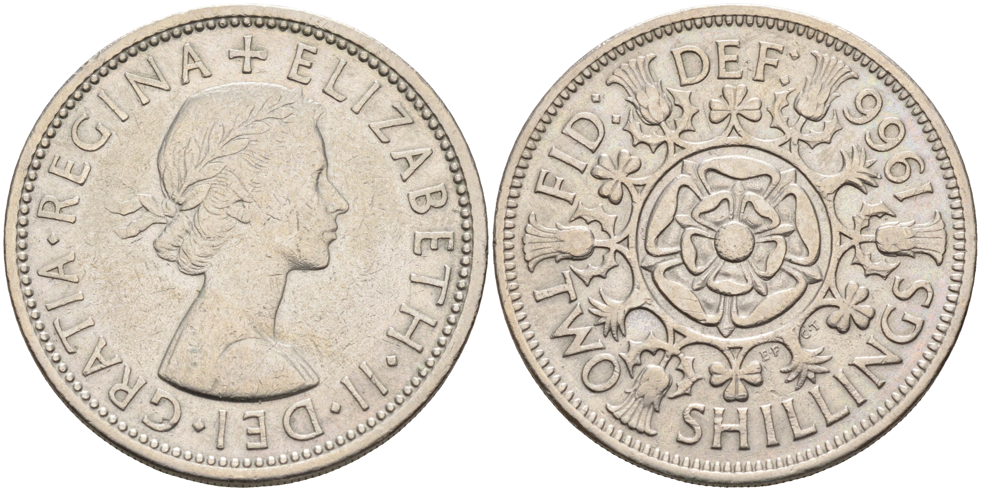 Великобритания 2 шиллинга (флорин) 1966 Елизавета II (1952-2022) KM 906, Spink 4146 медно-никель 4367-1235