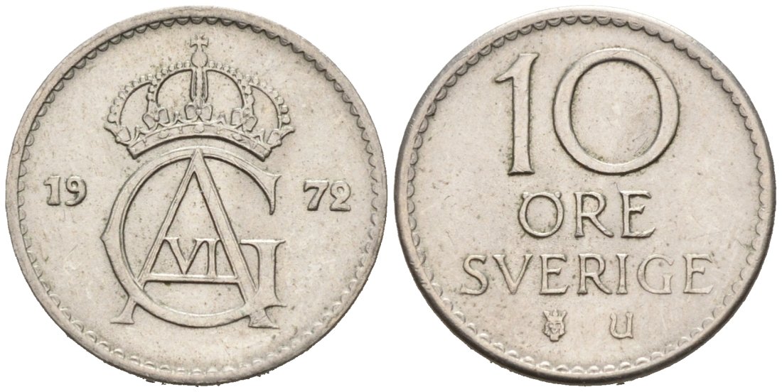 Швеция 10 эре 1972 Густав VI Адольф (1950-1973) KM 835 медно-никель 4564-748