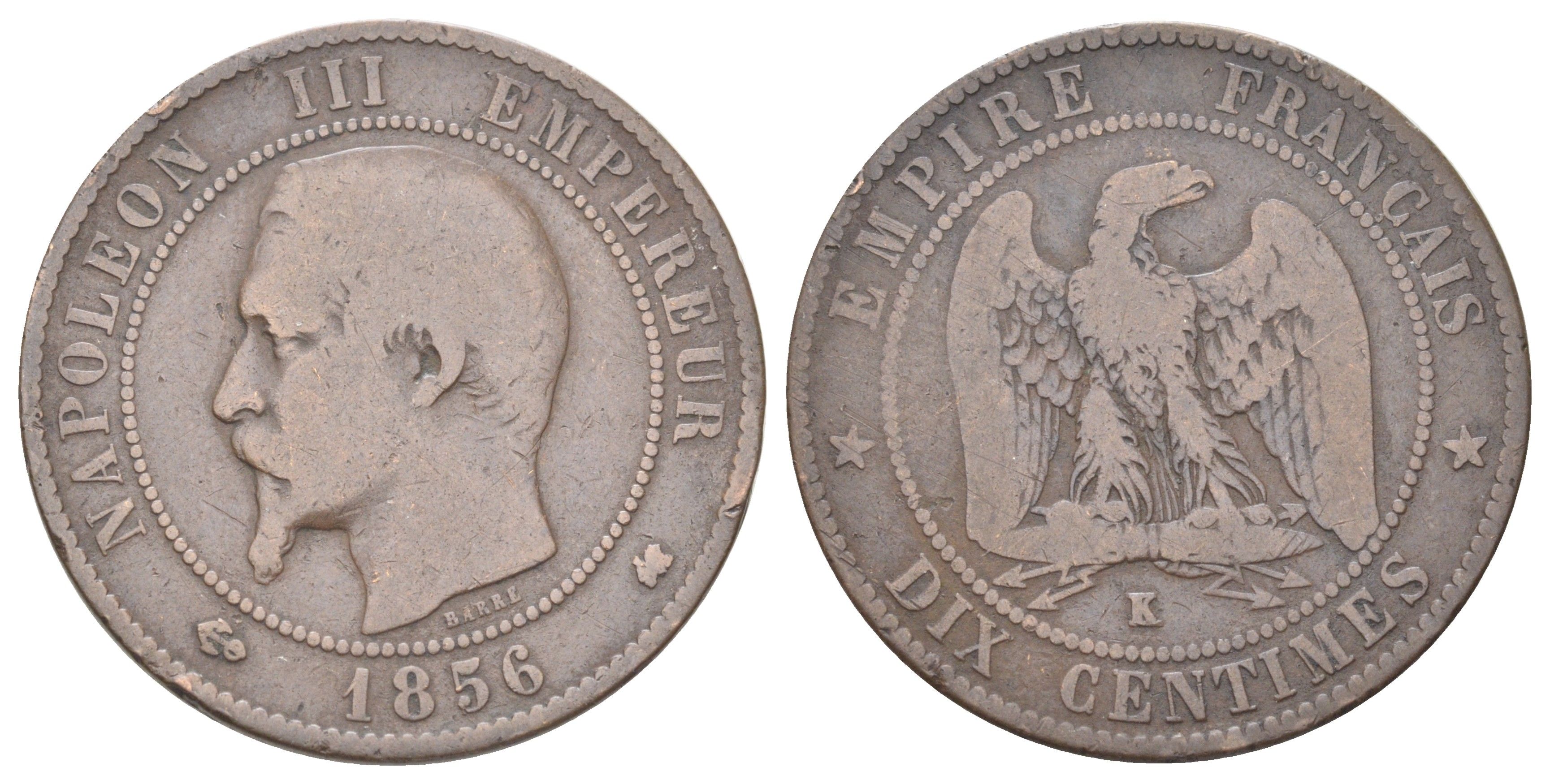 Франция 10 сантимов 1856 K, Наполеон III (1852-1870) KM 771.5, Le Franc 133.37 бронза 88-1035