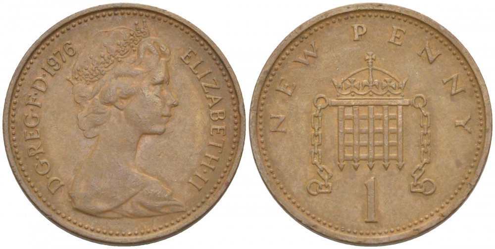 Великобритания 1 пенни 1976 Елизавета II (1952-2022) KM 915, Spink 4237 (B1) бронза 112-1129