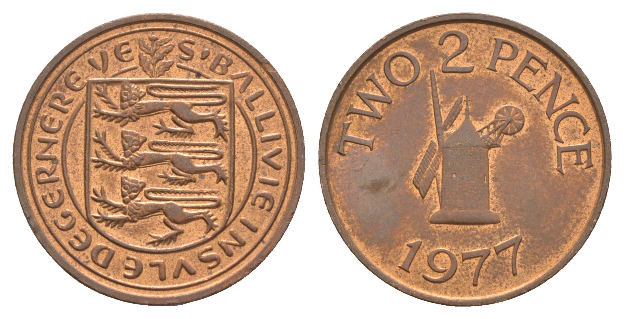 Гернси 2 пенса 1977 Елизавета II (1952-2022), ветряная мельница KM 28 бронза    4660-151