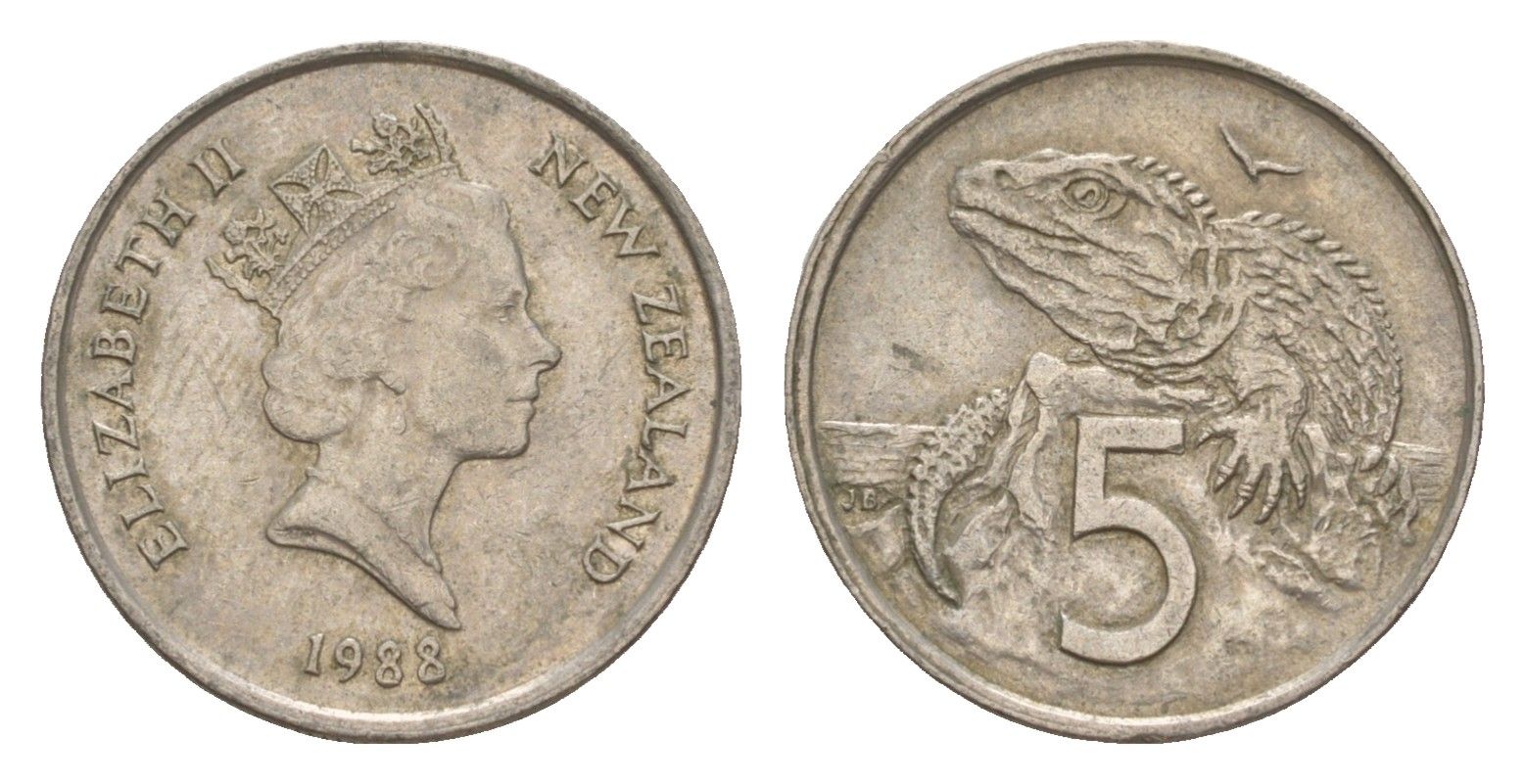 Новая Зеландия 5 центов 1988 Елизавета II (1952-2022), ящерица гаттерия KM 60 медно-никель 4594-362