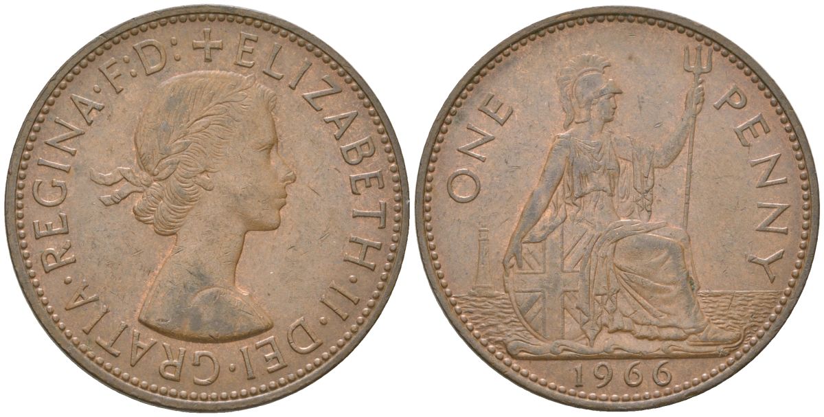 Великобритания 1 пенни 1966 Елизавета II (1952-2022) KM 897, Spink 4157 бронза    82-1131