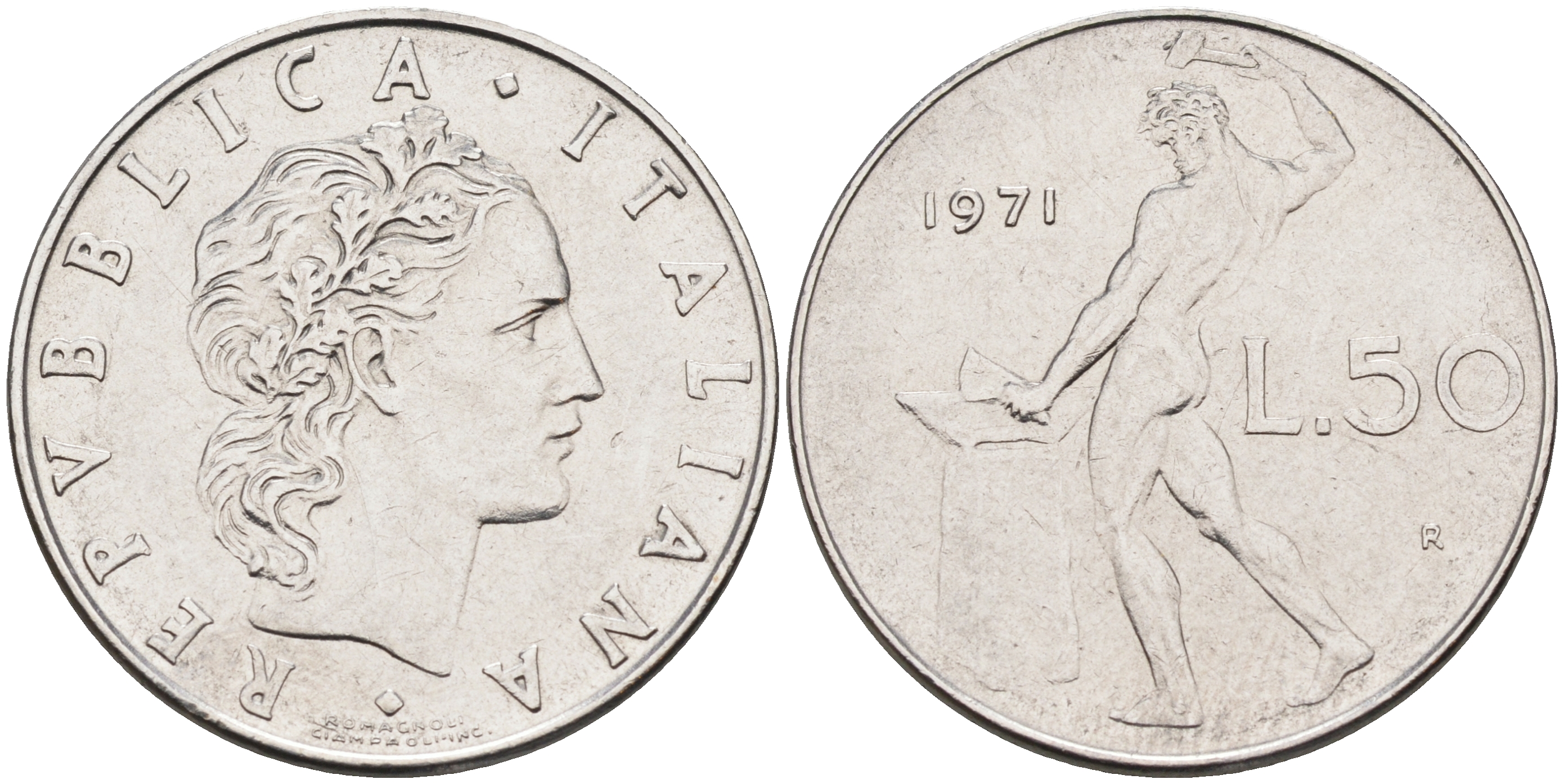 Италия 50 лир 1971 R, бог огня Вулкан у наковальни KM 95.1 нержавеющая сталь 4595-235