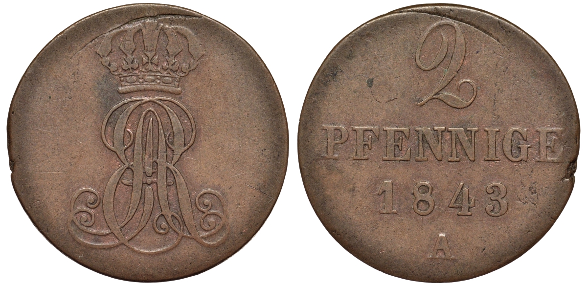 Ганновер 2 пфеннига 1843 A, Эрнст Август (1837-1851) KM 174.1, AKS 122, J. 55 медь 75-1743