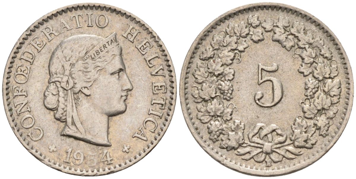Швейцария 5 раппенов 1954 В KM 26 медно-никель 4594-618