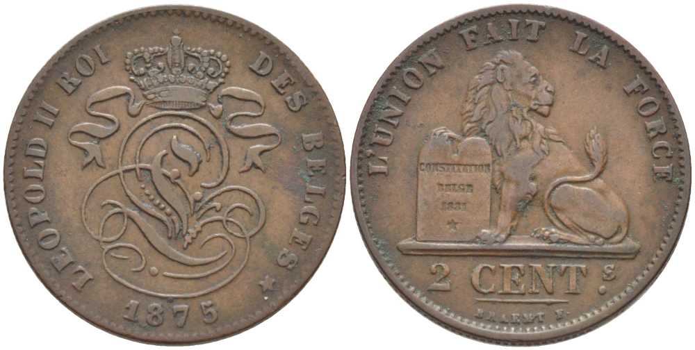 БЕЛЬГИЯ 2 САНТИМА 1875 BELGES, ЛЕОПОЛЬД II (1865-1909) KM 35.1 медь 119-322