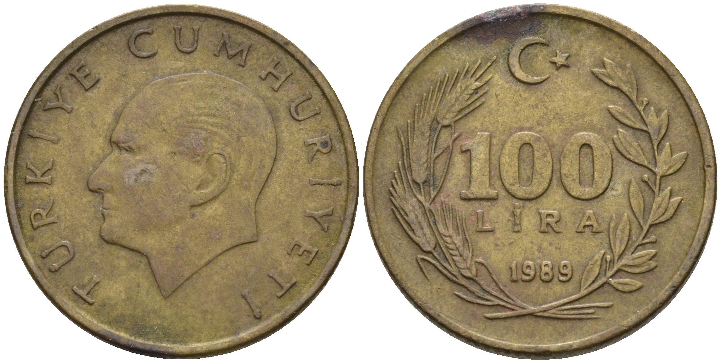 Турция 100 лир 1989 Кемаль Ататюрк KM 988 алюминевая бронза 4595-521