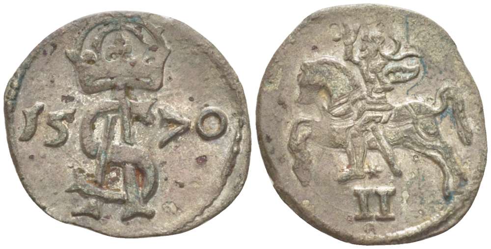 Великое княжество Литовское 2 денария 1570 Сигизмунд II Август (1544-1572), вес 0,64 гр. Gumowski 595. серебро 1517-124