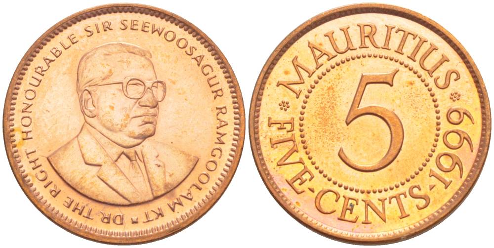 Маврикий 5 центов 1999 Сивусагур Рамгулам KM 52 сталь плакированная медью 4544-254