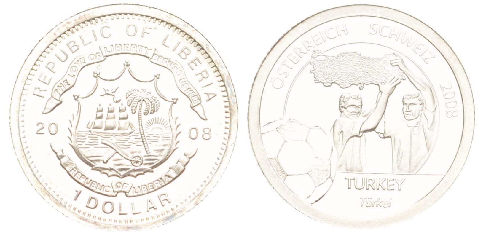 Либерия 1 доллар 2008 Чемпионат Европы по футболу 2008 года. Сборная Турции, тираж 1.000 экземпляров, вес 1,2 гр серебро PROOF 1521-425