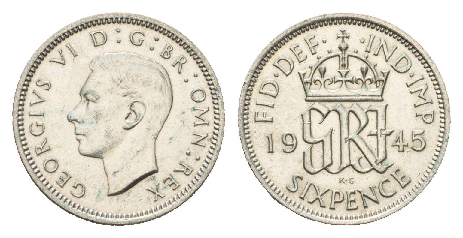 Великобритания 6 пенсов 1945 Георг VI (1936-1952) KM 852, Spink 4084 серебро 99-934