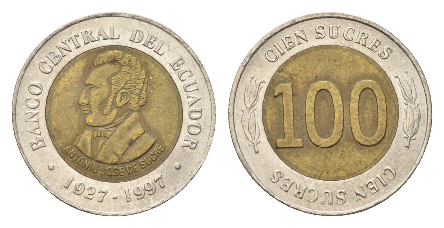 Эквадор 100 сукре 1997 70 лет Центробанку KM 101 биметалл UNC 4697-438