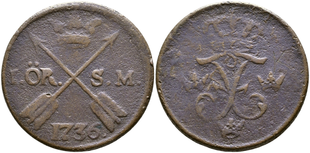 Швеция 1 эре 1736 S.M. Фредерик I (1720-1751) KM 416.1 медь 36-215